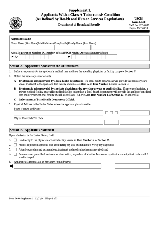 Fillable Form I-690 - Supplement 1 - Applicants With A Class A Tuberculosis Condition Printable pdf