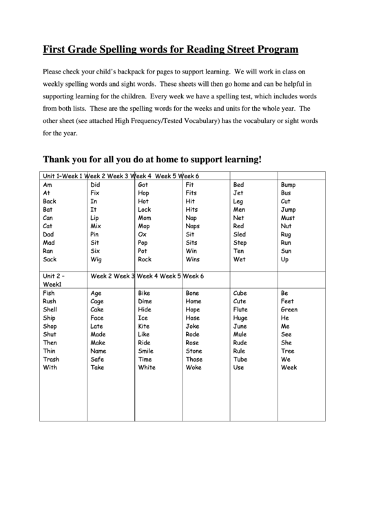 First Grade Spelling Words For Reading Street Program Printable pdf