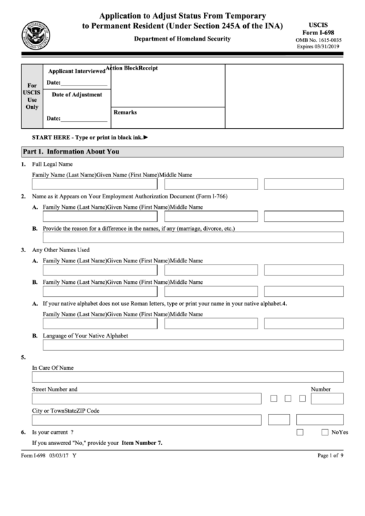 Fillable Form I-698 - Application To Adjust Status From Temporary To Permanent Resident (Under Section 245a Of The Ina) Printable pdf