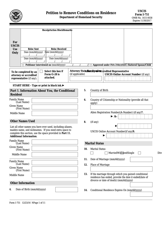 Fillable Form I-751 - Petition To Remove Conditions On Residence Printable pdf
