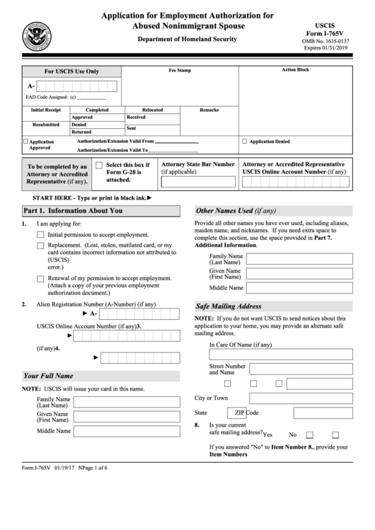 Fillable Form I-765v - Application For Employment Authorization For Abused Nonimmigrant Spouse Printable pdf