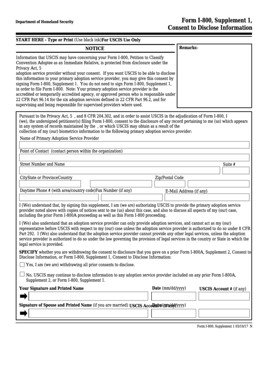 Fillable Form I-800 - Supplement 1 - Petition To Classify Convention Adoptee As An Immediate Relative Printable pdf
