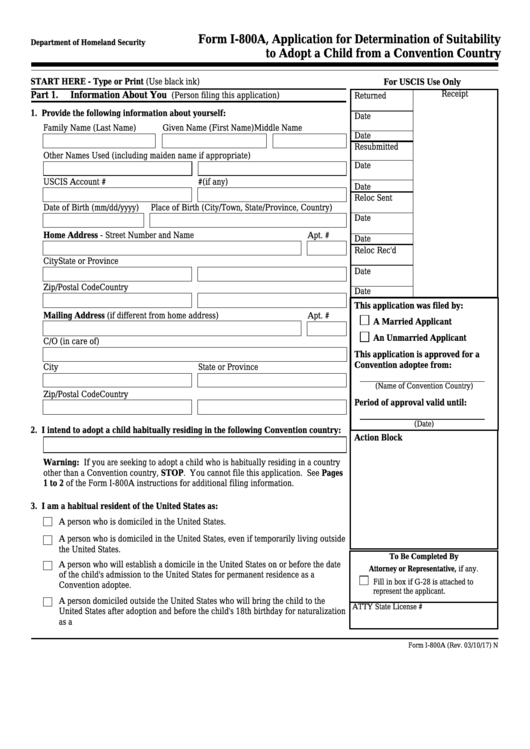 Fillable Form I-800a - Application For Determination Of Suitability To Adopt A Child From A Convention Country Printable pdf