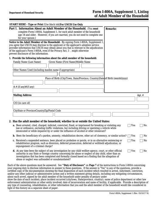 Fillable Form I-800a - Supplement 1 - Application For Determination Of Suitability To Adopt A Child From A Convention Country Printable pdf