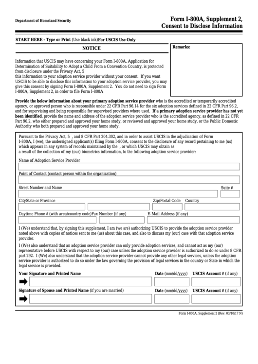 Fillable Form I-800a - Supplement 2 - Consent To Disclose Information Printable pdf