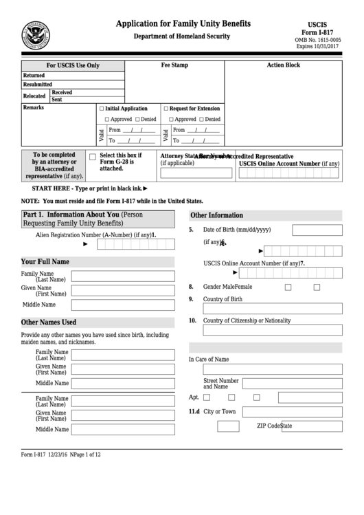 Fillable Form I-817 - Application For Family Unity Benefits Printable pdf