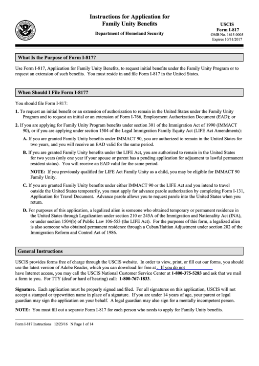 Instructions For Form I-817 - Application For Family Unity Benefits Printable pdf