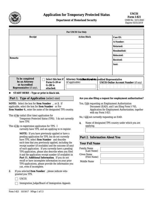 Fillable Form I-821 - Application For Temporary Protected Status Printable pdf