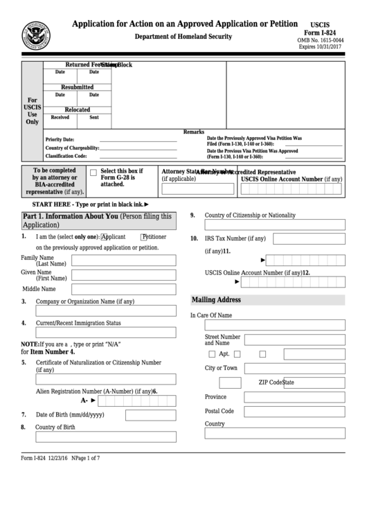 Fillable Form I-824 - Application For Action On An Approved Application Or Petition Printable pdf
