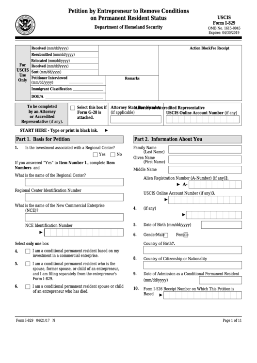 Fillable Form I-829 - Petition By Entrepreneur To Remove Conditions On Permanent Resident Status Printable pdf