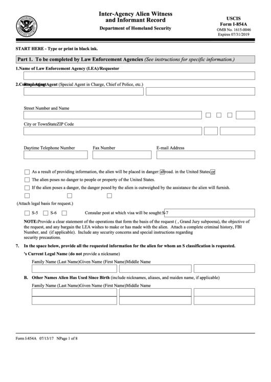 Fillable Form I-854a - Inter-Agency Alien Witness And Informant Record Printable pdf