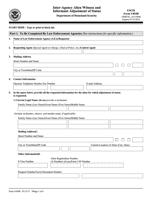Fillable Form I-854b - Inter-Agency Alien Witness And Informant Record Printable pdf