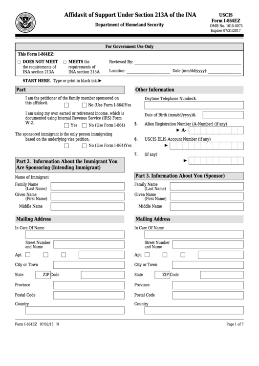 Fillable Form I-864ez - Affidavit Of Support Under Section 213a Of The Act Printable pdf