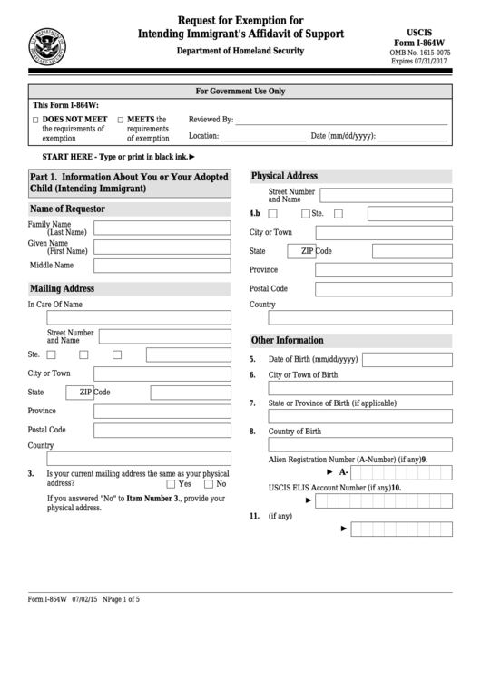 Fillable Form I-864w - Request For Exemption For Intending Immigrant
