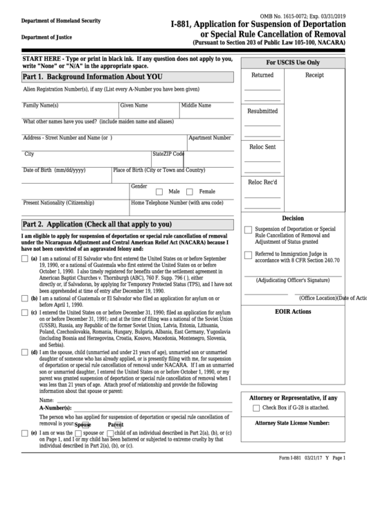 Fillable Form I-881 - Application For Suspension Of Deportation Or Special Rule Cancellation Of Removal (Pursuant To Section 203 Of Public Law 105-100 (Nacara)) Printable pdf