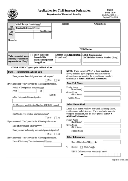 Fillable Form I-910 - Application For Civil Surgeon Designation Printable pdf