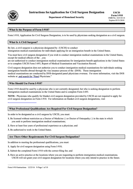Instructions For Application For Civil Surgeon Designation (Form I-910) Printable pdf