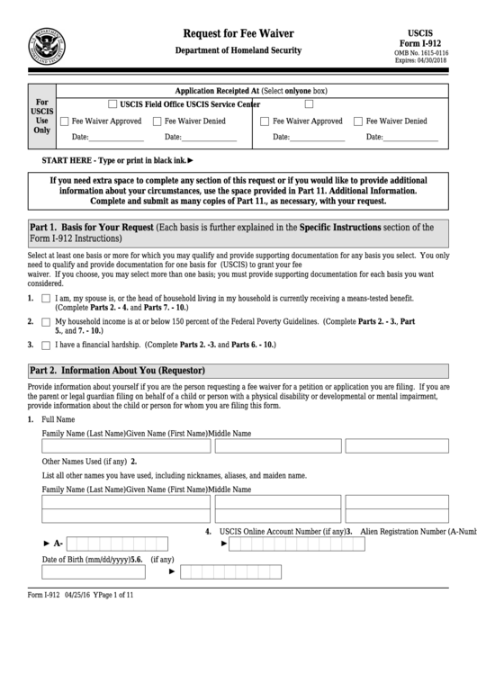 Fillable Form I-912 - Request For Fee Waiver Printable pdf