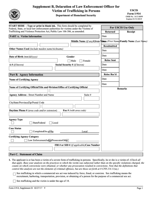 Fillable Form I-914 - Supplement B - Declaration Of Law Enforcement Officer For Victim Of Trafficking In Persons Printable pdf