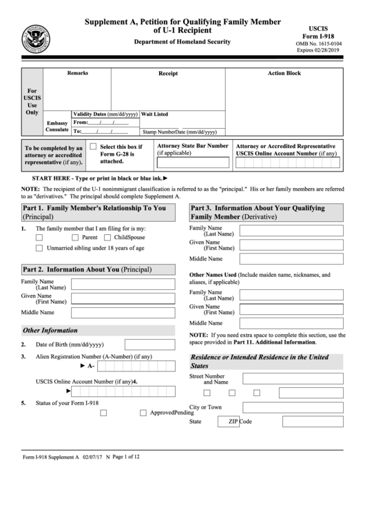 Fillable Form I-918 - Supplement A - Petition For Qualifying Family Member Of U-1 Recipient Printable pdf