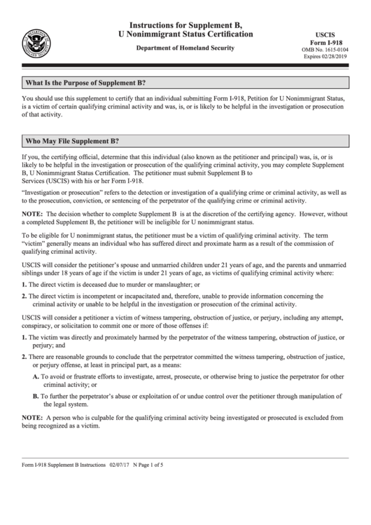 Instructions For Supplement B, U Nonimmigrant Status Certification (Form I-918) Printable pdf