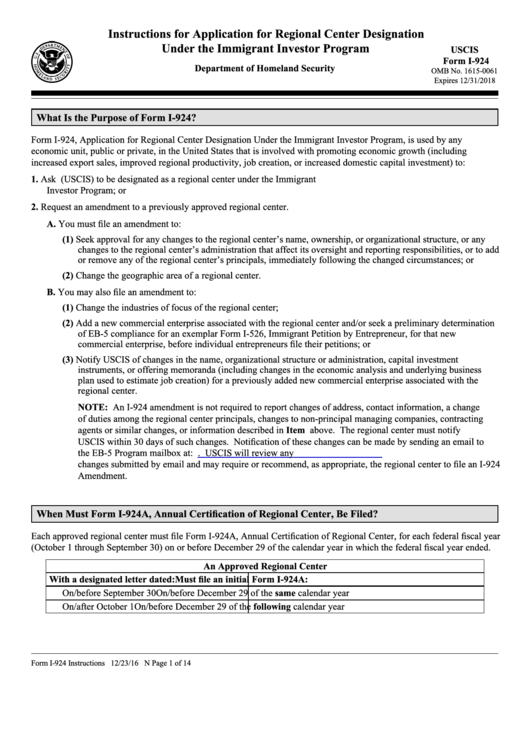 Instructions For Application For Regional Center Designation Under The Immigrant Investor Program ( Form I-924) Printable pdf