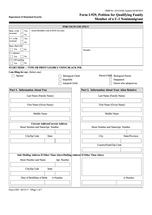 Fillable Form I-929 - Petition For Qualifying Family Member Of A U-1 Nonimmigrant Printable pdf
