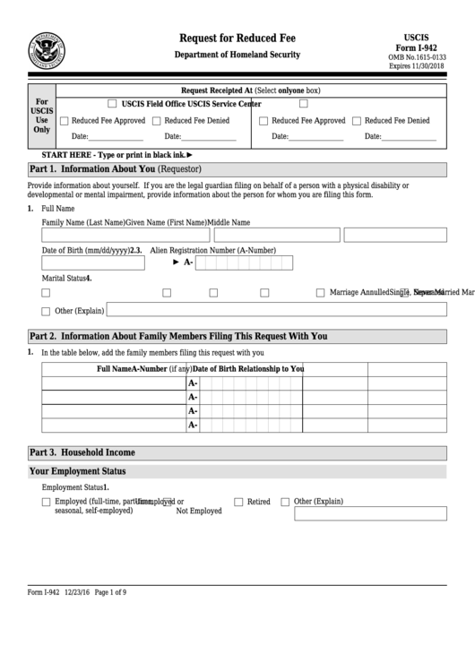 Fillable Form I-942 - Request For Reduced Fee Printable pdf