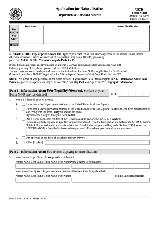 Fillable Form N-400 - Application For Naturalization Printable pdf