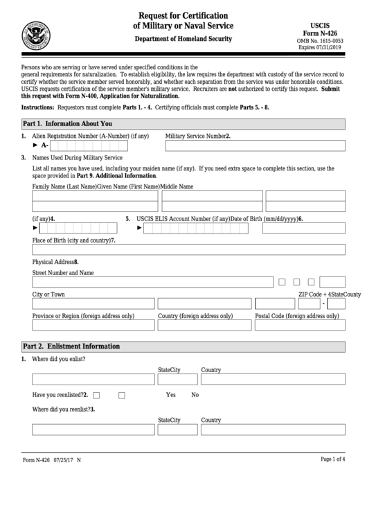 Fillable Form N-426 - Request For Certification Of Military Or Naval Service Printable pdf
