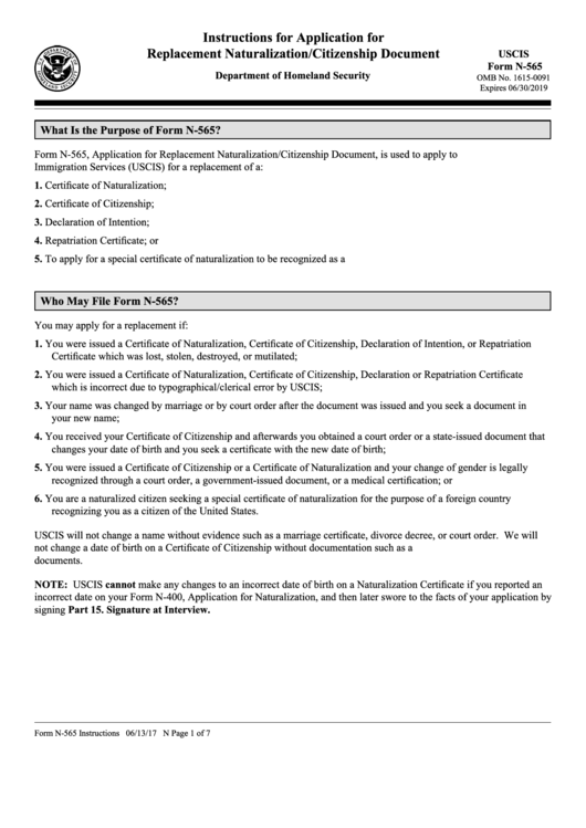 Instructions For Application For Replacement Naturalization/citizenship Document (Form N-565) Printable pdf