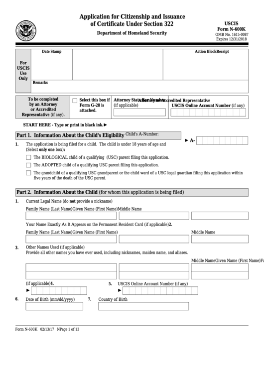 Fillable Form N-600k - Application For Citizenship And Issuance Of Certificate Under Section 322 Printable pdf