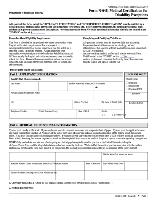 Fillable Form N-648 - Medical Certification For Disability Exceptions Printable pdf