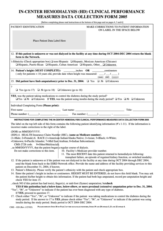 Form Cms-820 - In-Center Hemodialysis (Hd) Clinical Performance Measures Data Collection - 2005 Printable pdf