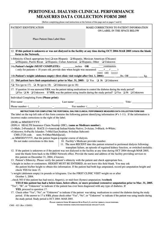 Form Cms-821 - Peritoneal Dialysis Clinical Performance Measures Data Collection - 2005 Printable pdf