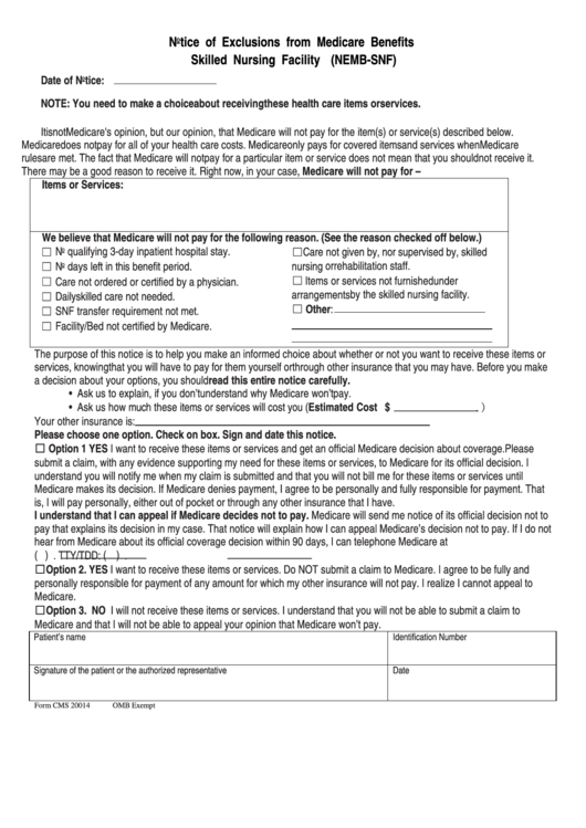 Form Cms-20014 - Notice Of Exclusions From Medicare Benefits - Skilled Nursing Facility (Nemb-Snf) Printable pdf