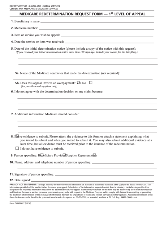 Fillable Form Cms-20027 - Medicare Redetermination Request Printable pdf