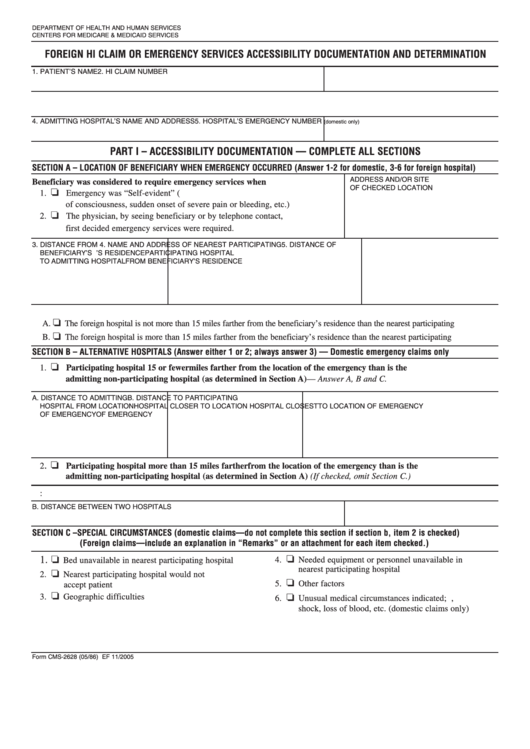 Form Cms-2628 - Foreign Hi Claim Or Emergency Services Accessibility Documentation And Determination Printable pdf