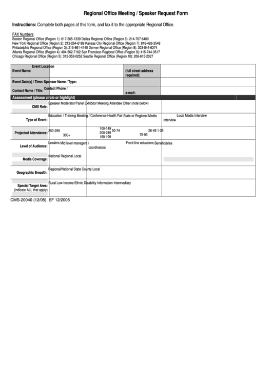 Fillable Form Cms-20040 - Regional Office Meeting/speaker Request Printable pdf