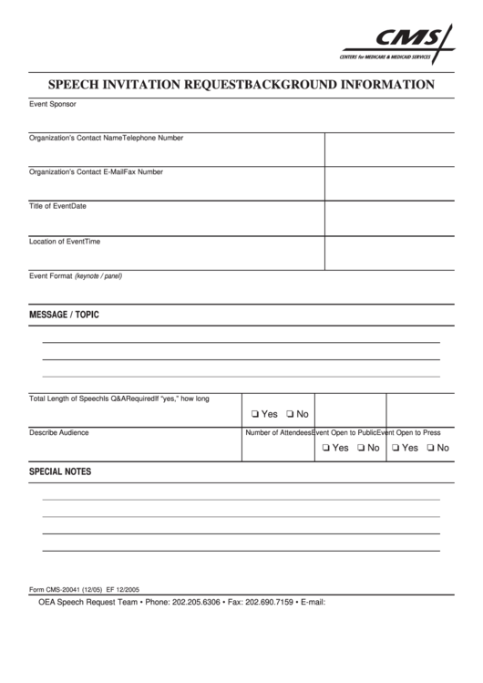 Form Cms-20041 - Speech Invitation Request Background Information Printable pdf