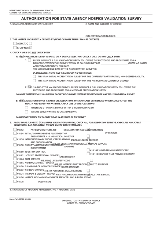 Fillable Form Cms-2802b - Request For Validation Of Accreditation Survey For Hospice Printable pdf