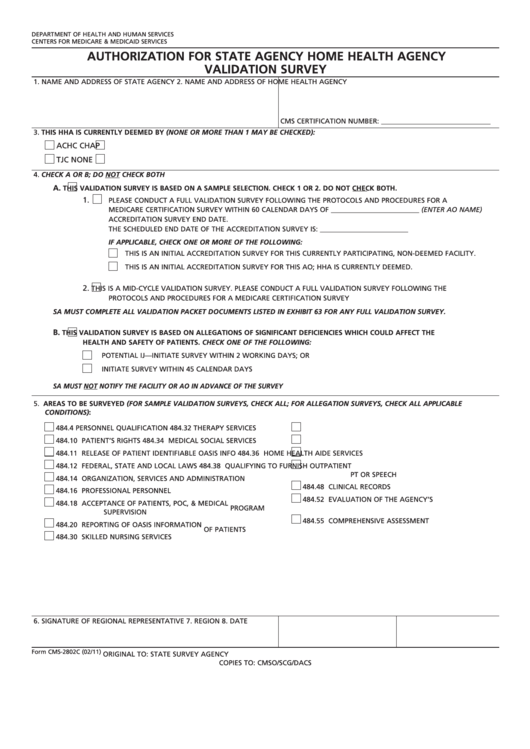 Fillable Form Cms-2802c - Request For Validation Of Accreditation Survey For Home Health Agency Printable pdf