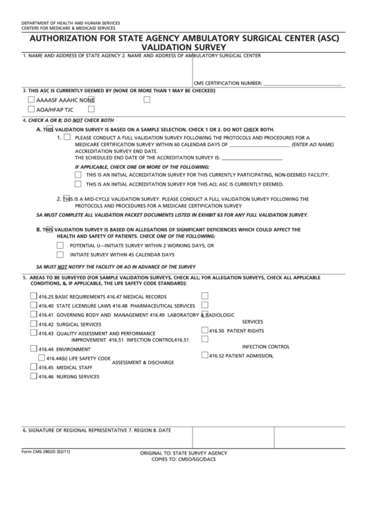 Fillable Form Cms-2802d - Request For Validation Of Accreditation Survey For Ambulatory Surgical Center Printable pdf