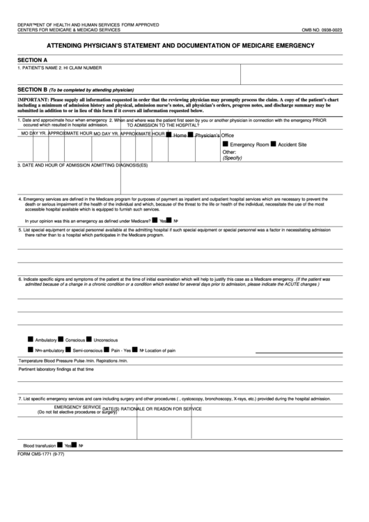 Fillable Form Cms-1771 - Attending Physicians Statement And Documentation For Medicare Emergency Printable pdf