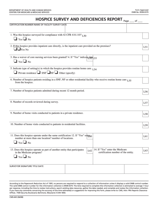 Fillable Form Cms-643 - Hospice Survey And Deficiencies Report Printable pdf