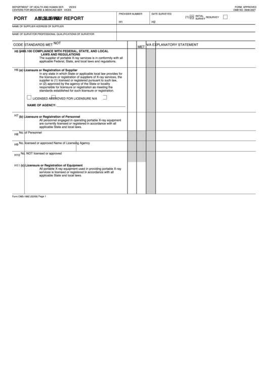 Form Cms-1882 - Portable Xray Survey Report Printable pdf