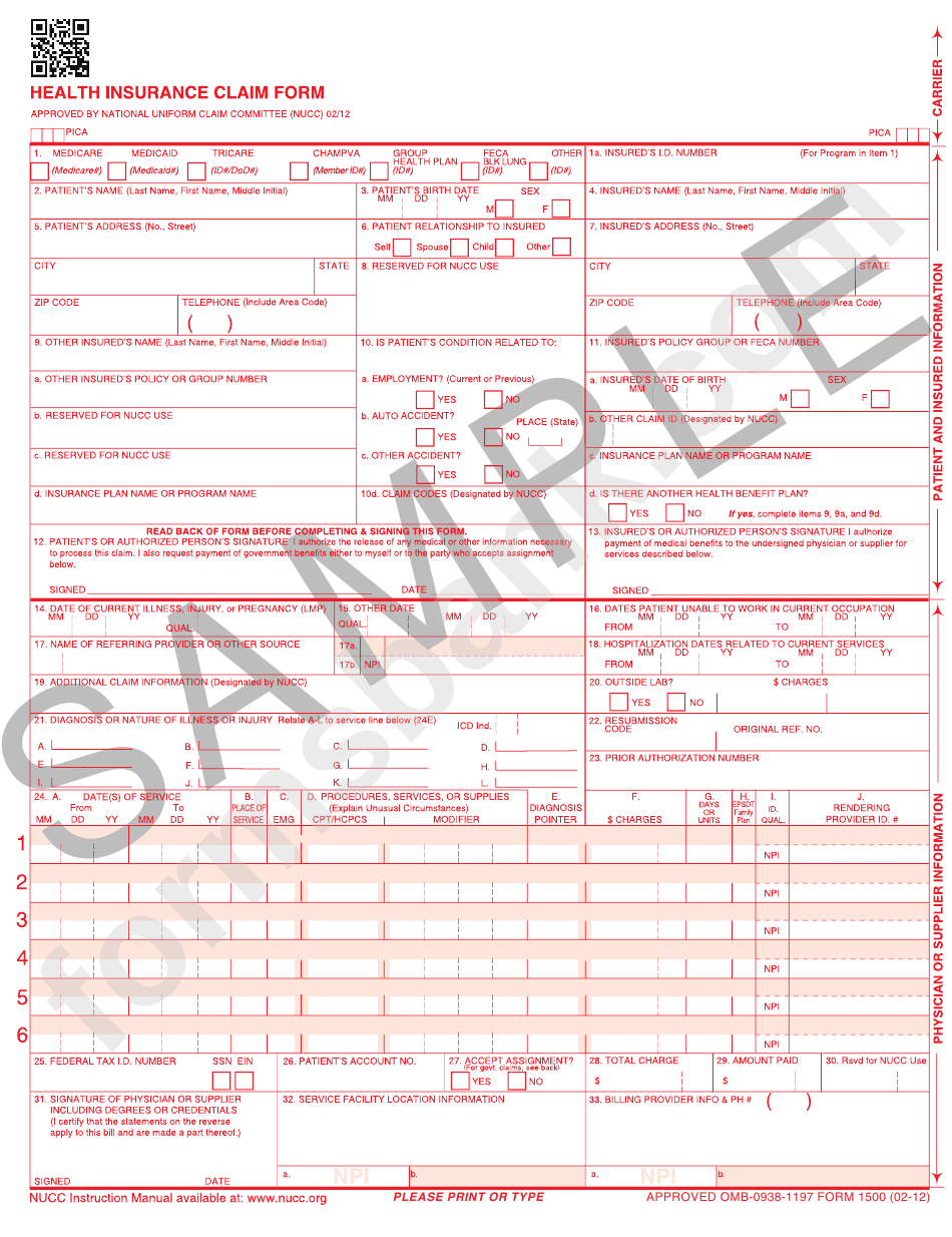 Pdf Printable Cms 1500 Claim Form Printable Forms Free Online