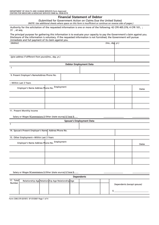 Fillable Form Cms-379 - Financial Statement Of Debtor Printable pdf