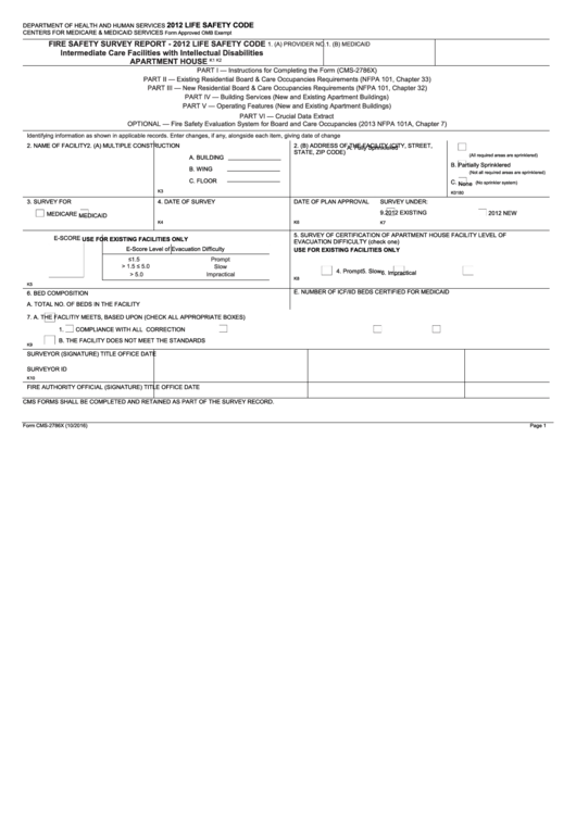 Form Cms-2786x - Fire Safety Survey Report - Icf-Iid (Apartment House) 2012 Life Safety Code Printable pdf
