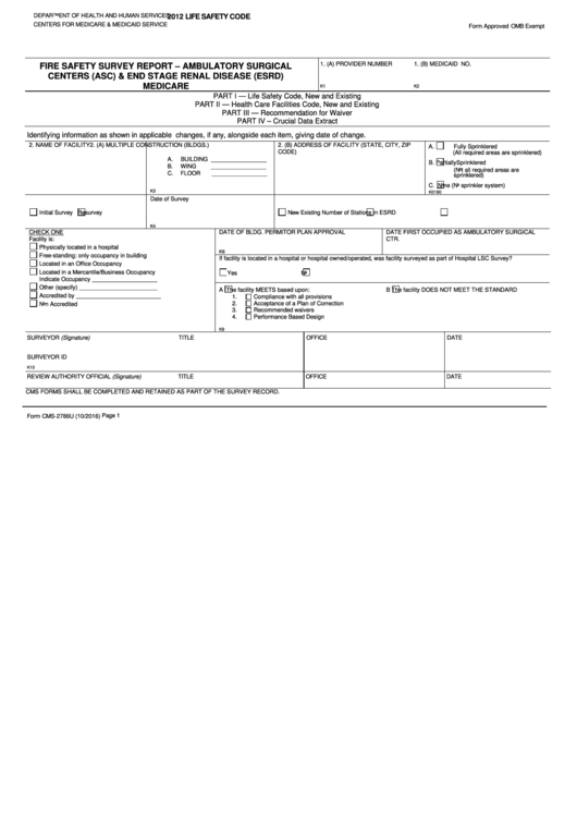 Form Cms-2786u - Fire Safety Survey Report - Asc & Esrd 2012 Life Safety Code Printable pdf
